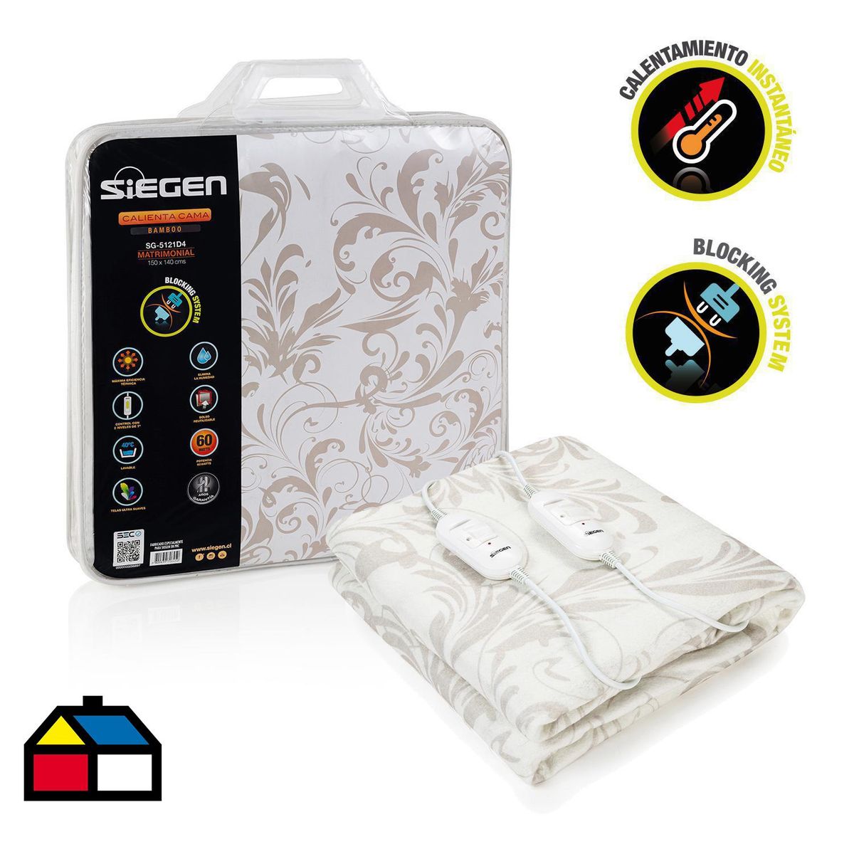 SIEGEN - Calientacamas SG-5121D4 Eléctrica Poliéster 2 plazas 60 W Blanco