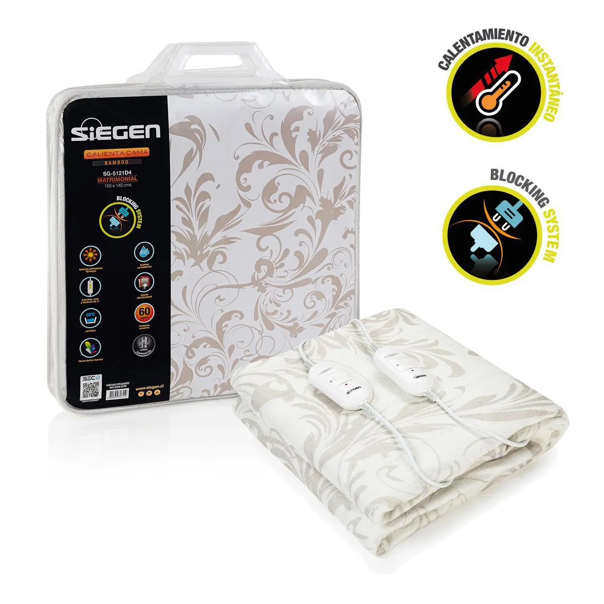 SIEGEN - Calientacamas SG-5121D4 Eléctrica Poliéster 2 plazas 60 W Blanco