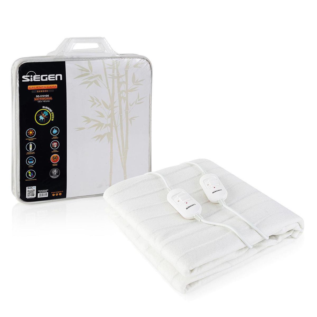 SIEGEN - Calientacamas SG-5121D5 Eléctrica Poliéster 2 plazas 60 W Blanco