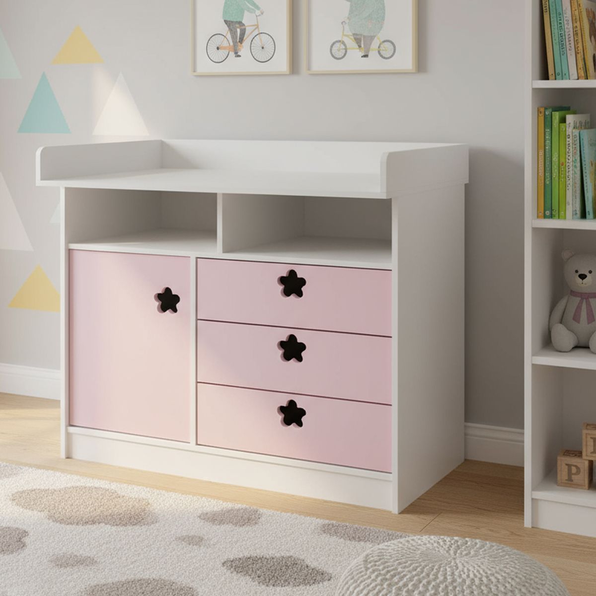 MUEBLES KIDS - Cómoda 1 Puerta 3 Cajón(es) Mudador 100x110x100 cm Rosado