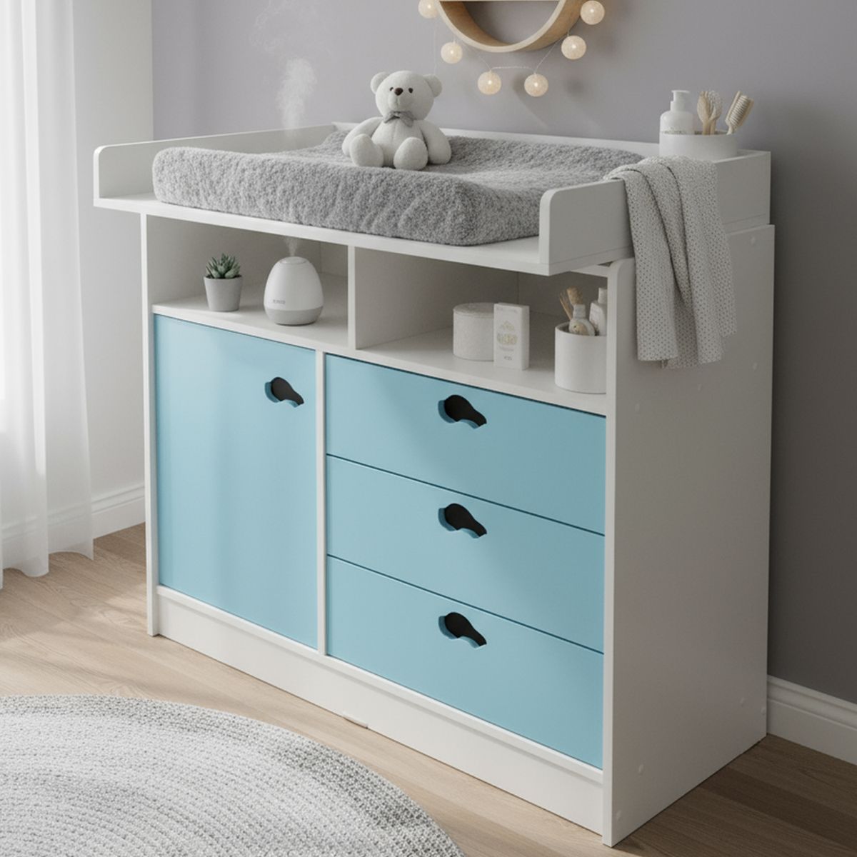 MUEBLES KIDS - Cómoda 1 Puerta 3 Cajón(es) Mudador 100x110x105 cm Celeste