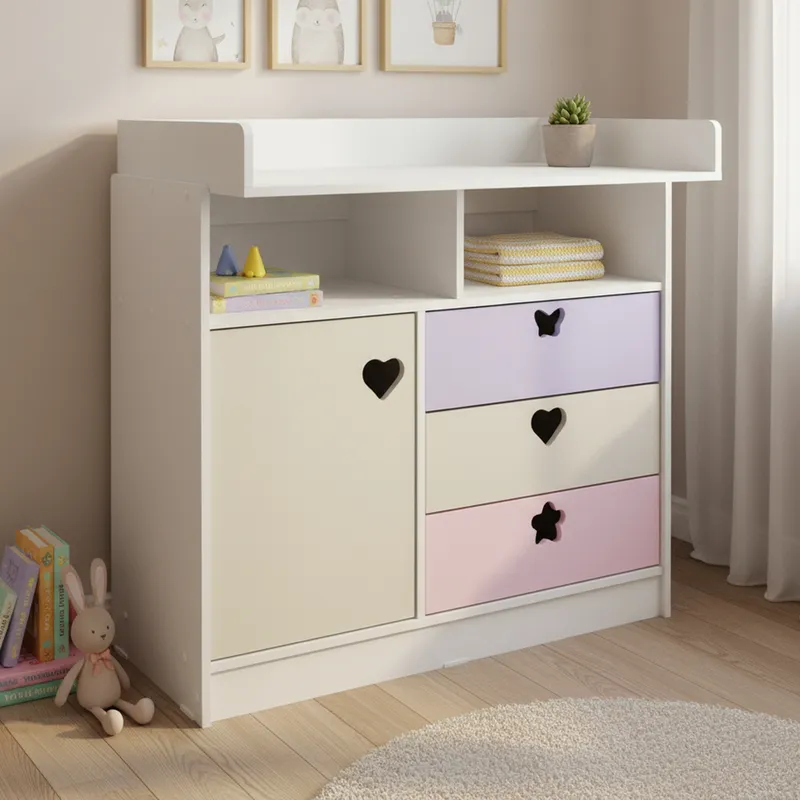 MUEBLES KIDS - Cómoda 1 Puerta 3 Cajón(es) Mudador 100x120x100 cm Crema Lila