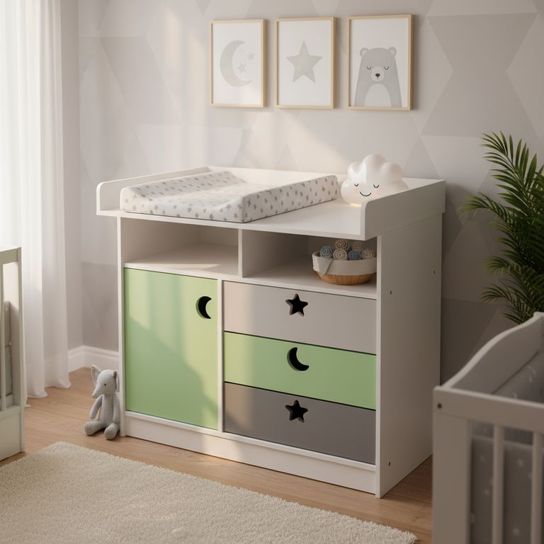 Cómoda 1 Puerta 3 Cajón(es) Mudador 100x110x75 cm Verde Gris