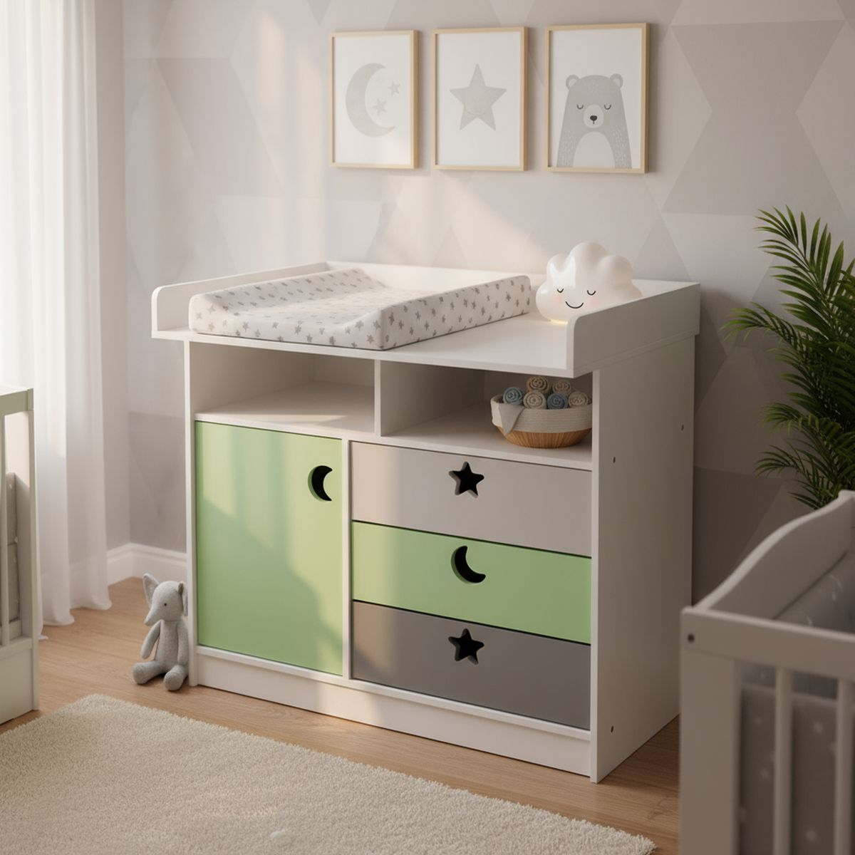 MUEBLES KIDS - Cómoda 1 Puerta 3 Cajón(es) Mudador 100x110x75 cm Verde Gris