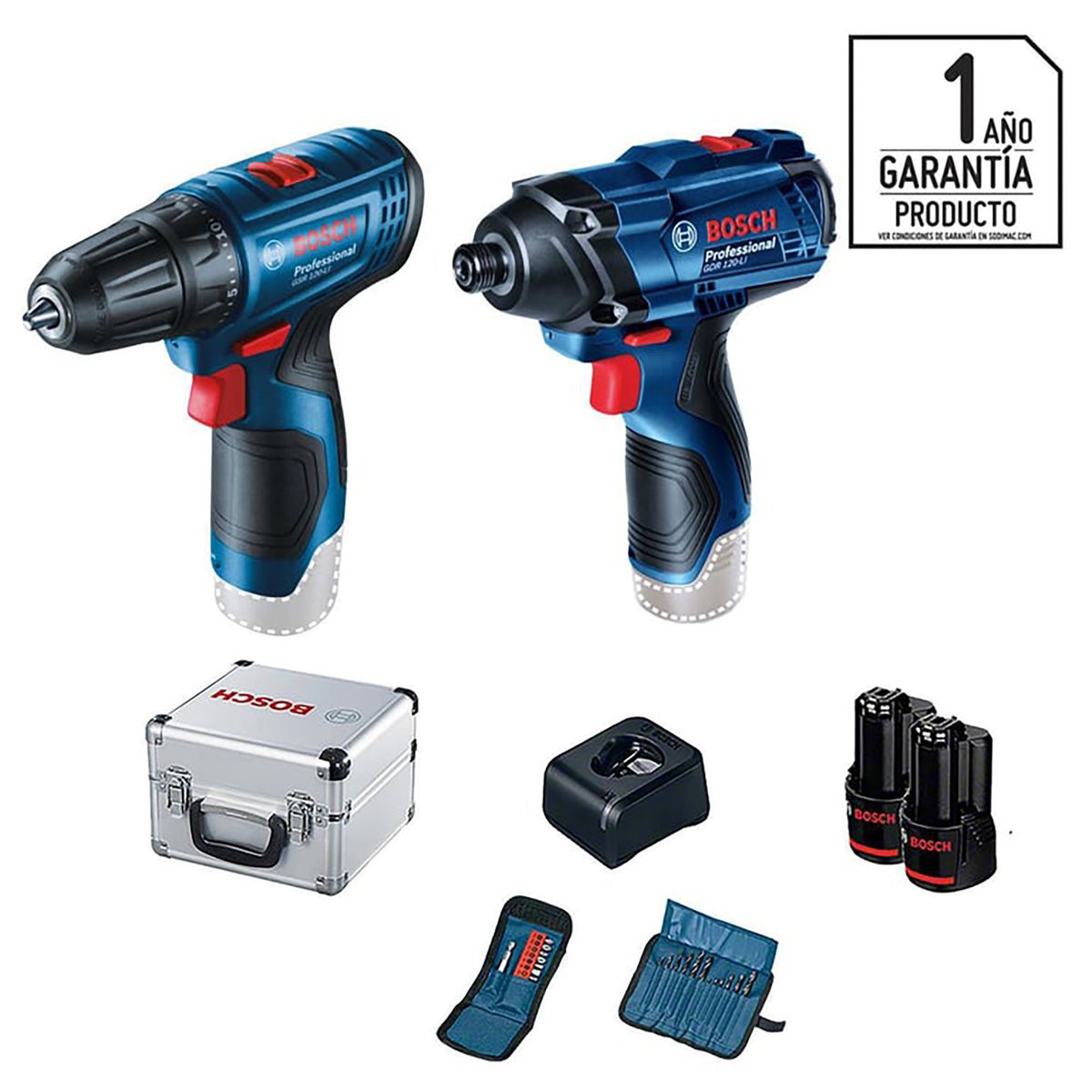 BOSCH - Taladro inalámbrico atornillador 10mm 12V + llave impacto + 2 baterías