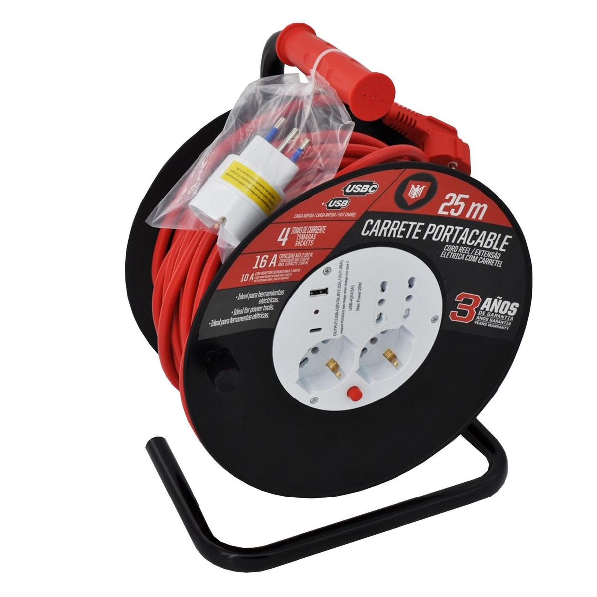 UBERMANN - Carrete Alargador Shuko 1 USB 16/10A 1 Toma(s) 25 m Negro