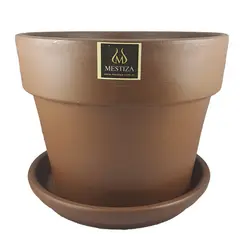 MESTIZA - Set macetero cerámico greta morena natural 23 cm y plato decorativo