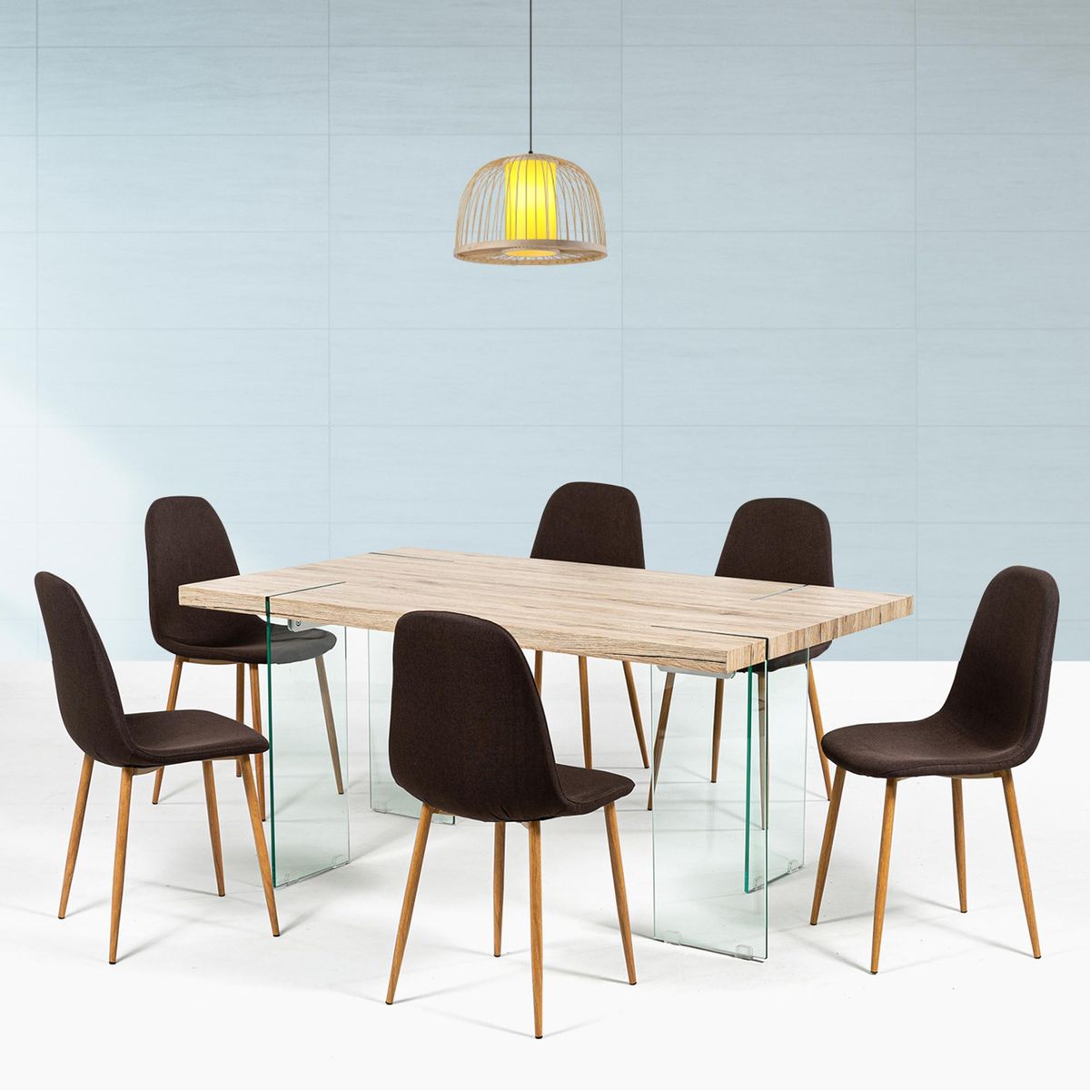 JACOBSEN - Juego de Comedor Tecno 6 Sillas Mesa Rectangular 180x90x75 cm Madera/Vidrio