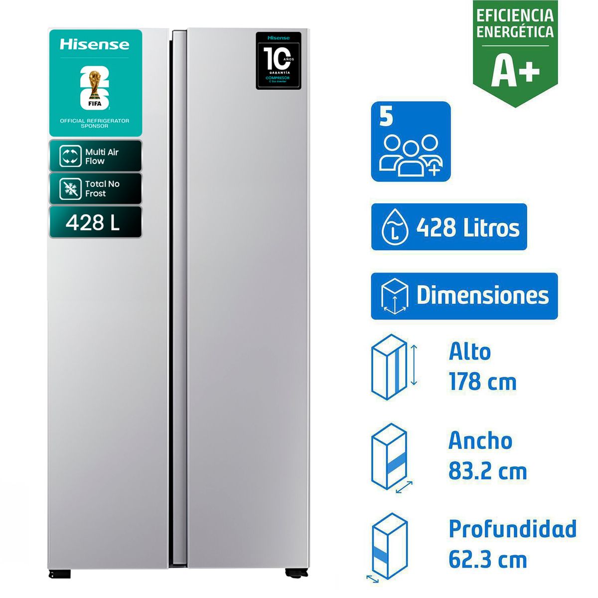 HISENSE - Refrigerador 2 Puertas Side by Side No Frost 428 Litros Inox RC-56WS