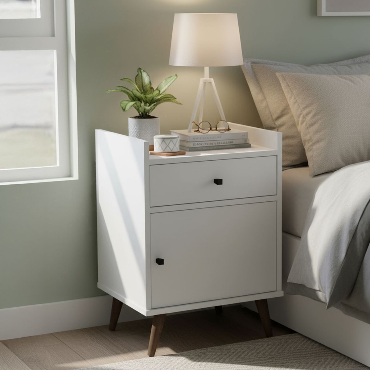 BE DESIGN - Velador 1 Puerta 1 Cajón 40x62x36 cm Blanco