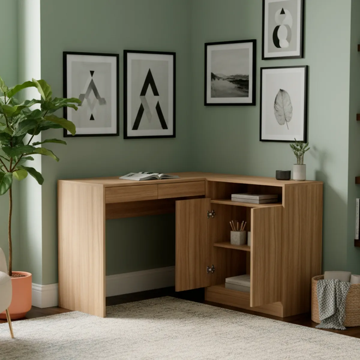 VEKKAHOME - Escritorio en L Esquinero Portugal Café Claro 120x75.5x107.2 cm