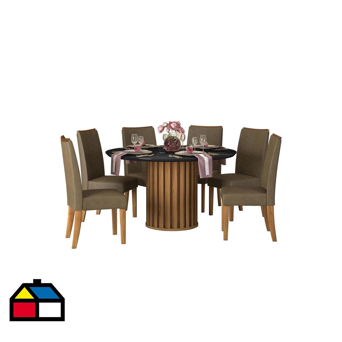 VEKKAHOME - Juego de Comedor Preston 6 Sillas Mesa Redonda 136x79,6x136 cm Café