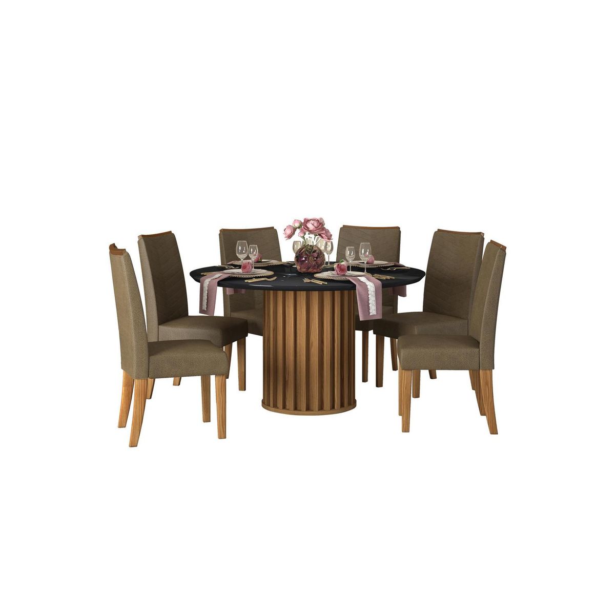VEKKAHOME - Juego de Comedor Preston 6 Sillas Mesa Redonda 136x79,6x136 cm Café