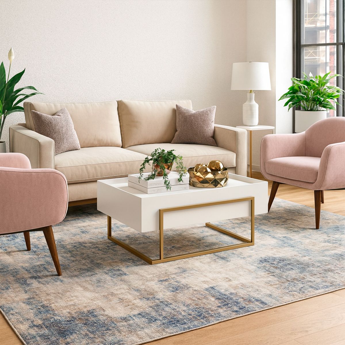 VEKKAHOME - Mesa de Centro Pilar Blanco 49x91.5x31.2 cm