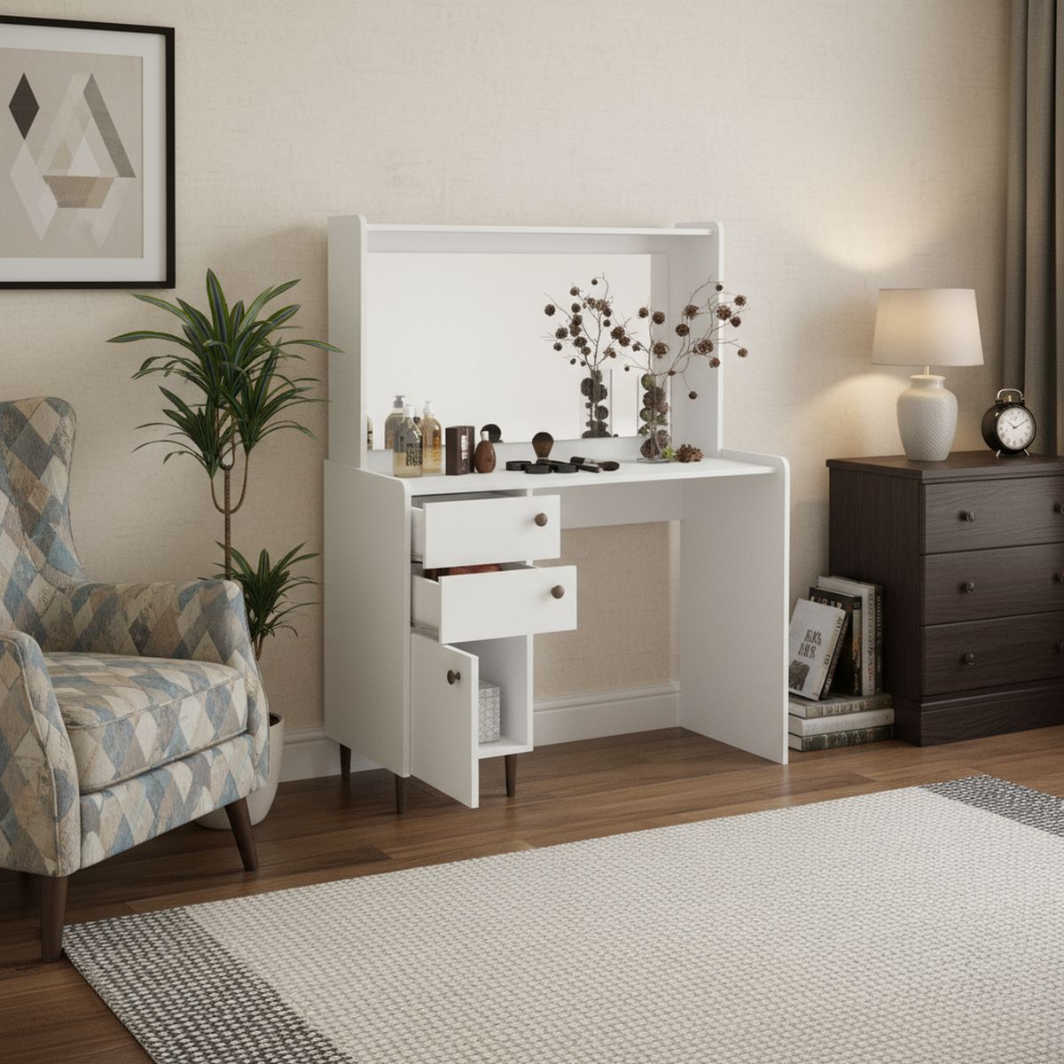 VEKKAHOME - Tocador 1 Puerta 2 Cajón(es) Lusiana 108x137.1x47.1 cm Blanco