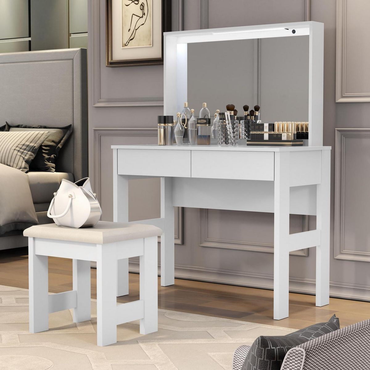 BE DESIGN - Tocador 2 Cajón(es) con Espejo 92x128x45 cm Blanco