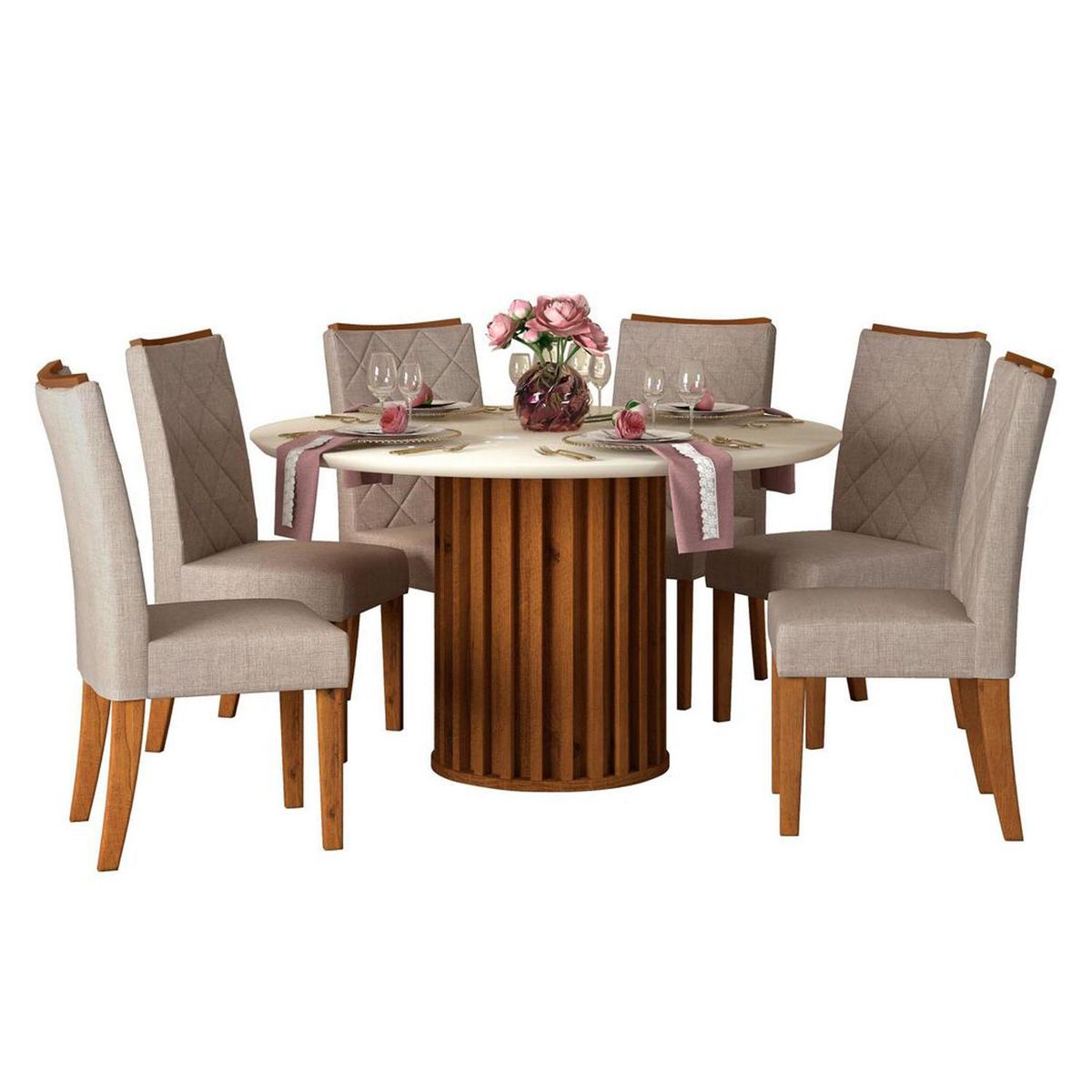 VEKKAHOME - Juego de Comedor Edimburgo 6 Sillas Mesa Redonda 136x79,6x136 cm Café