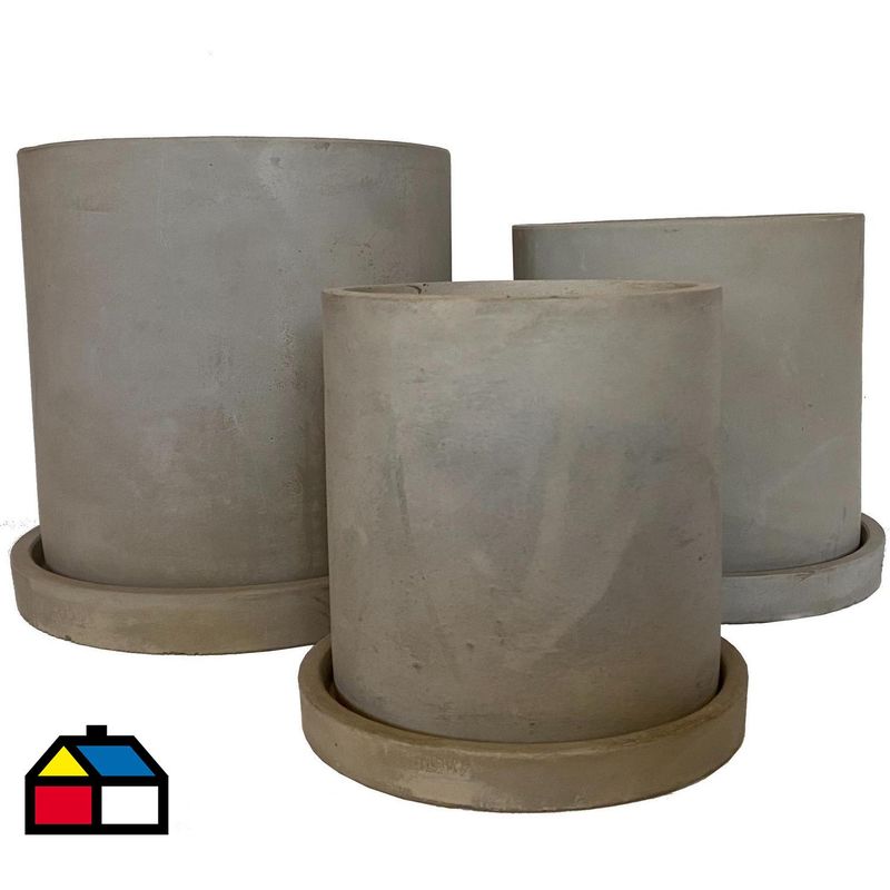DECOGREEN - Set 3 Maceteros Cemento Cilindro con Plato  S13x13, M15x15 y L18x18 cm