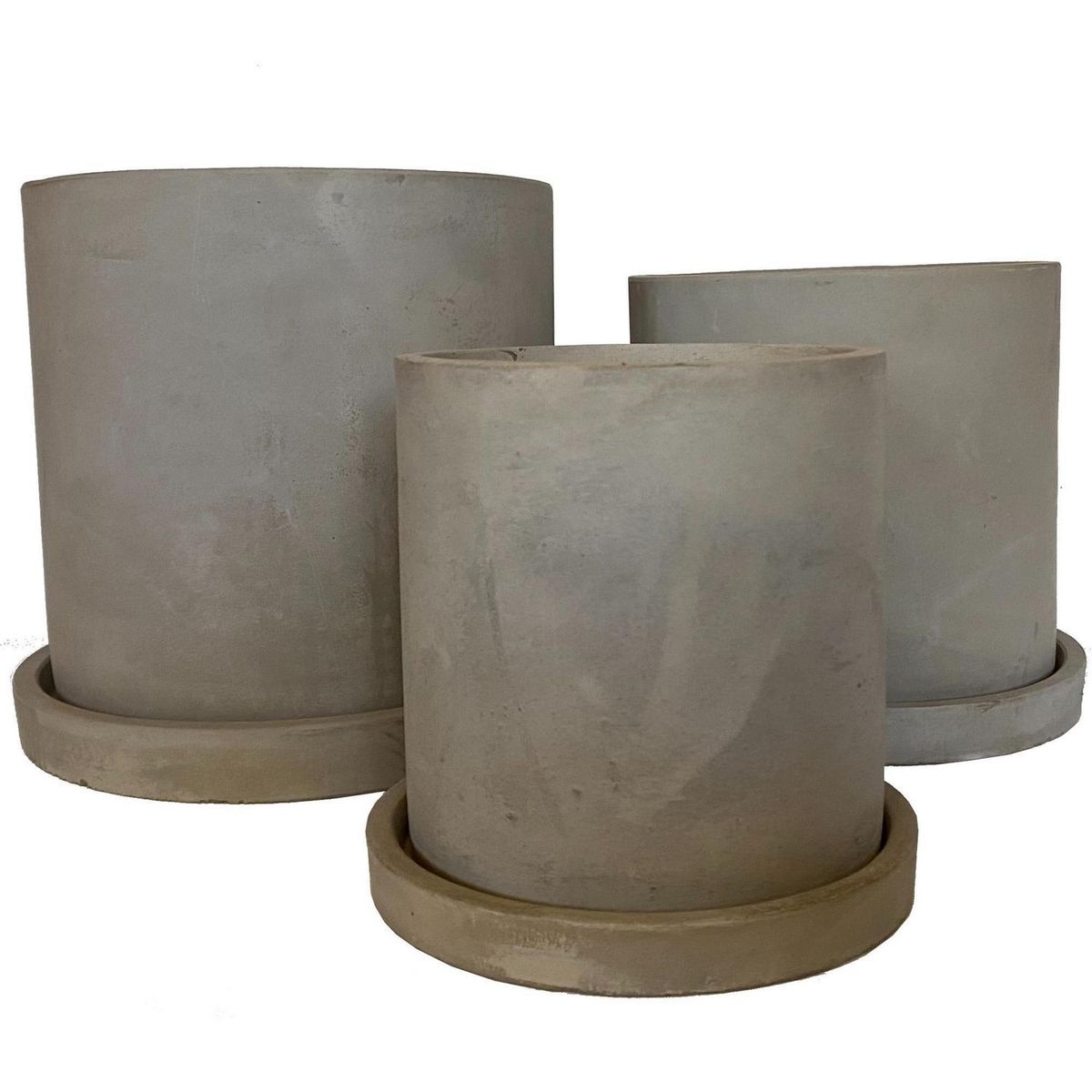 DECOGREEN - Set 3 Maceteros Cemento Cilindro con Plato S13x13, M15x15 y L18x18 cm