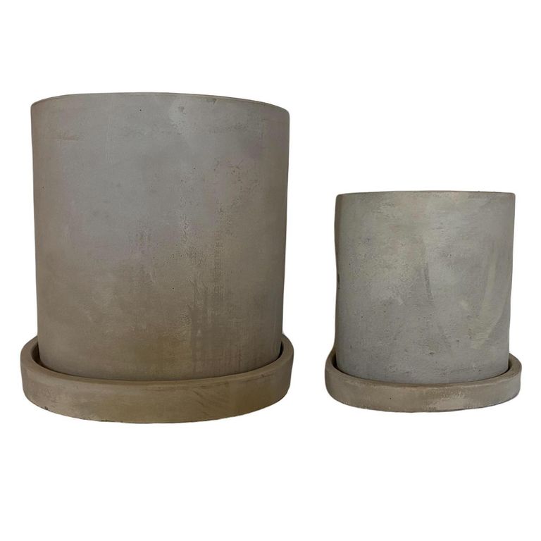 Set de 2 Maceteros Cemento Cilindro con Plato S 13x13cm y L 18x18 cm