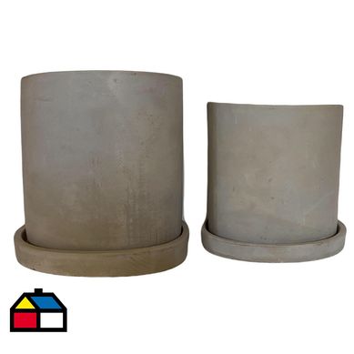 Set de 2 Maceteros Cemento Cilindro con Plato M 15x15cm y L 18x18 cm