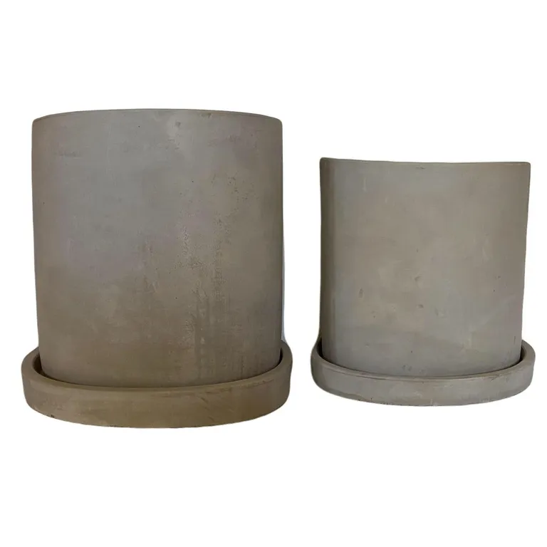 Set de 2 Maceteros Cemento Cilindro con Plato M 15x15cm y L 18x18 cm