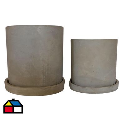 Set de 2 Maceteros Cemento Cilindro con Plato  S 13x13 cm y M 15x15 cm