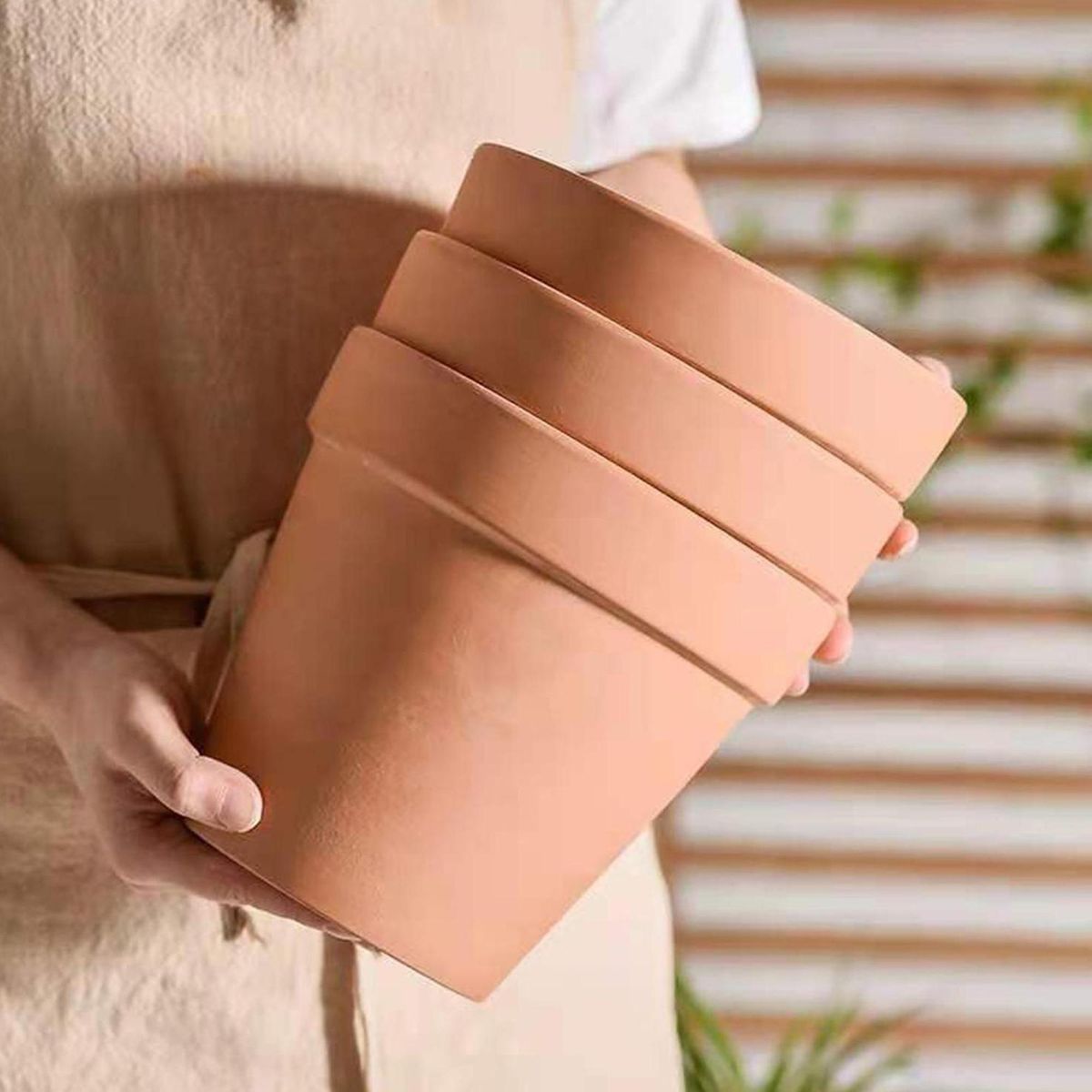 DECOGREEN - Set de 2 Maceteros Terracota Cilindro con Plato S 13x13 y L 18x18 cm