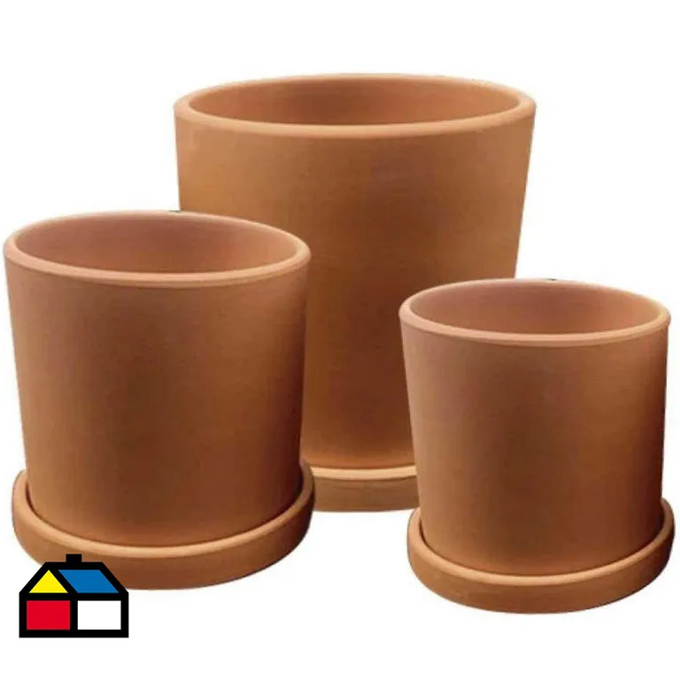 Set de 2 Maceteros Terracota Cilindro con Plato M 15x15 y L 18x18 cm