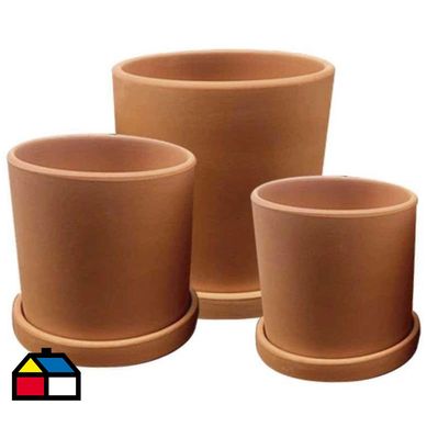 Set 3 Maceteros Terracota Cilindro con Plato S13x13, M15x18 y L18x18cm