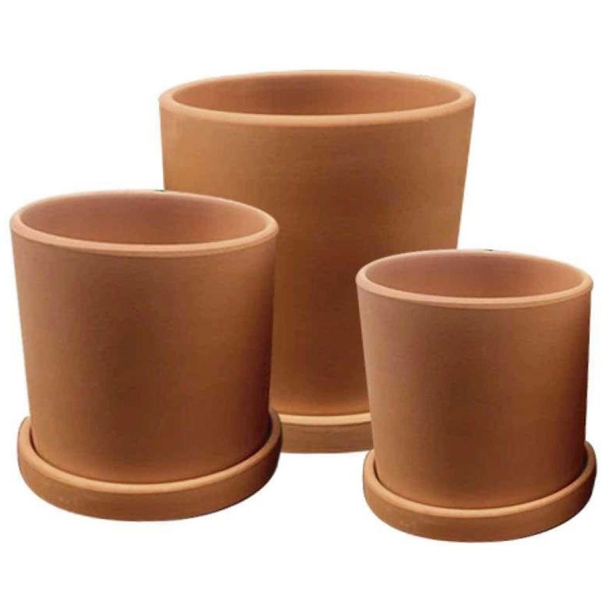 DECOGREEN - Set 3 Maceteros Terracota Cilindro con Plato S13x13, M15x18 y L18x18cm