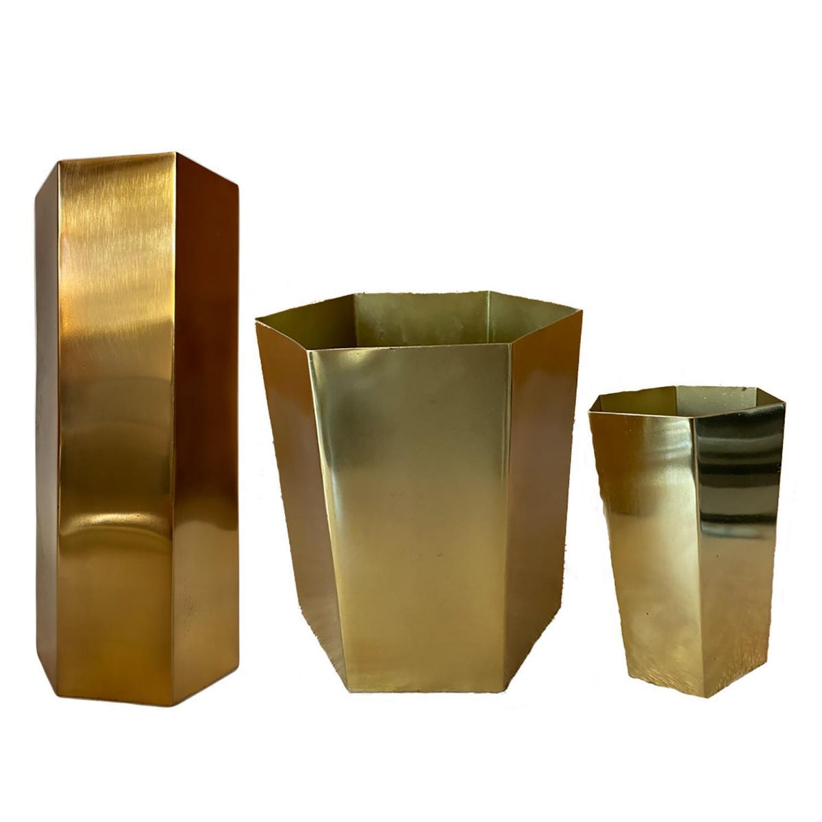 DECOGREEN - Set 3 Maceteros Octogonal Dorado  S 10x15, M 13x30 y L 15x20 cm