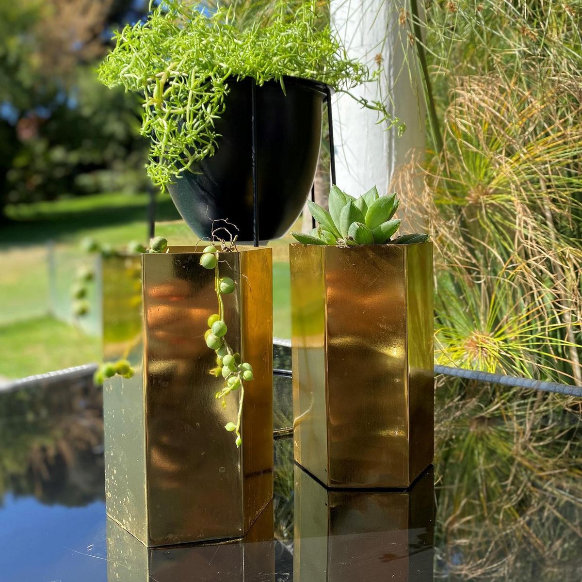 DECOGREEN - Set 2 Maceteros Octogonal Dorado S 10x15 cm y M 13x30 cm