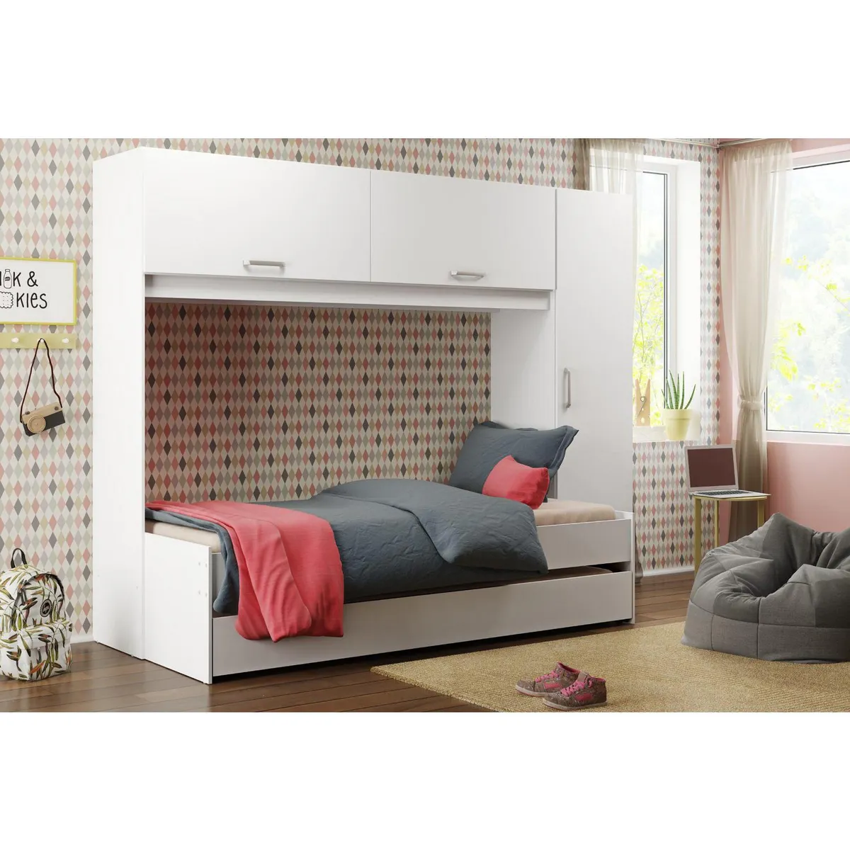 KIDSCOOL - Bicama Multifuncional Especial con Ropero Blanco