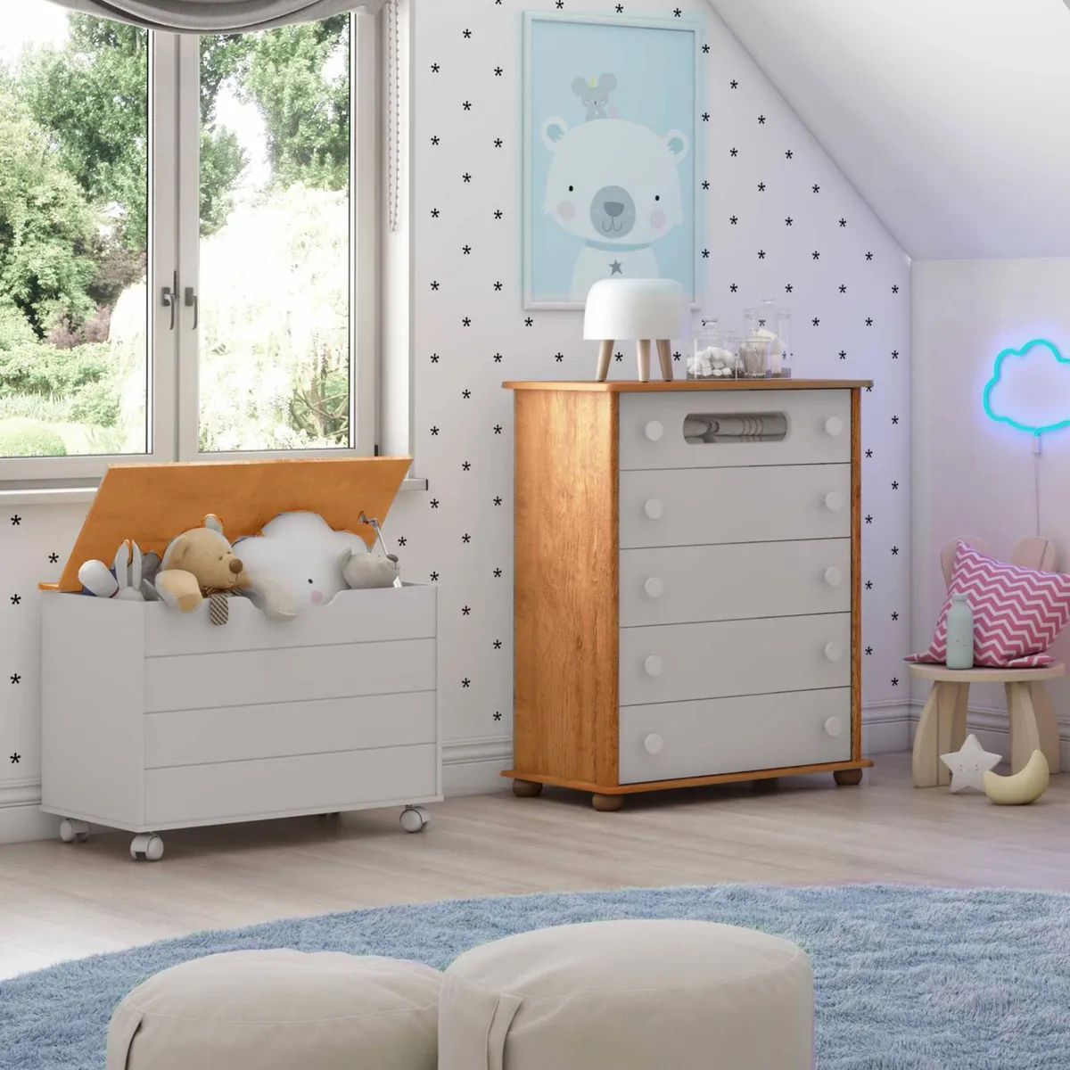 KIDSCOOL - Baul blanco tapa madera
