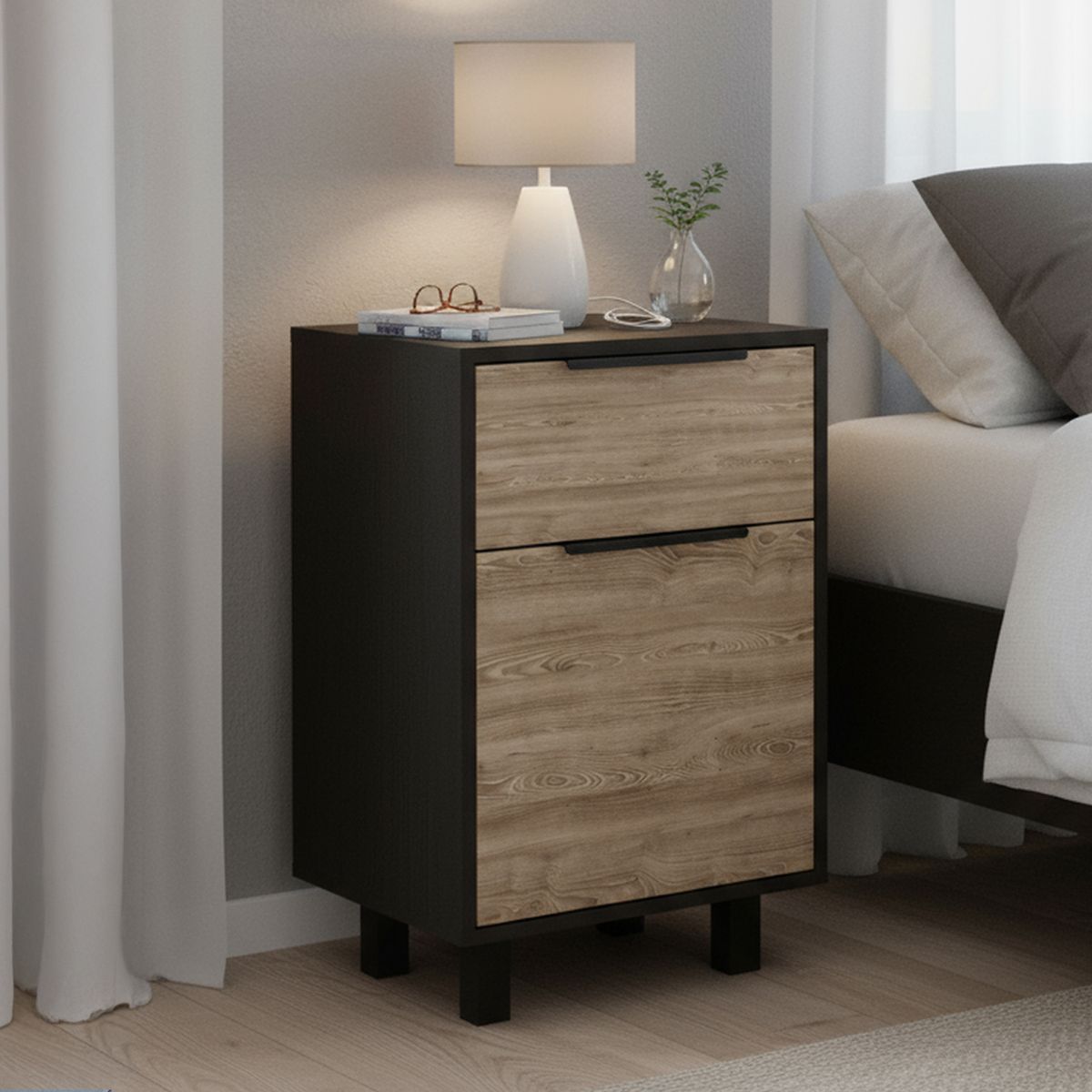 TUHOME - Velador 1 Puerta 1 Cajón(es) Kaia 70x41x36.3 cm Wengue/miel