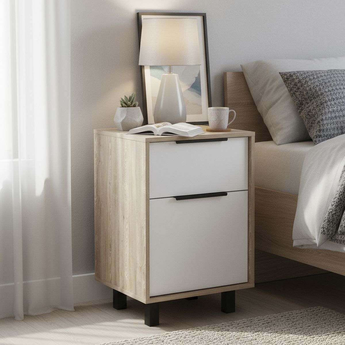 TUHOME - Velador 1 Puerta 1 Cajón(es) Kaia 70x41x36.3 cm Miel/Blanco