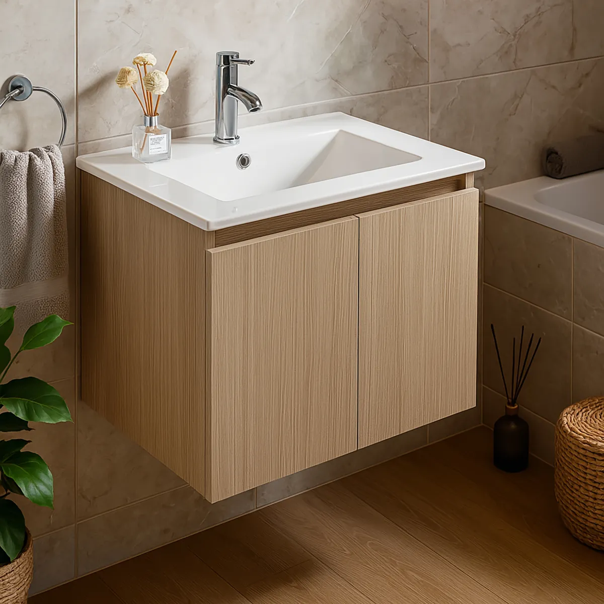 KLIPEN - Mueble con lavamanos de loza vitrificada c/rebalse 2p 70 cm color soft