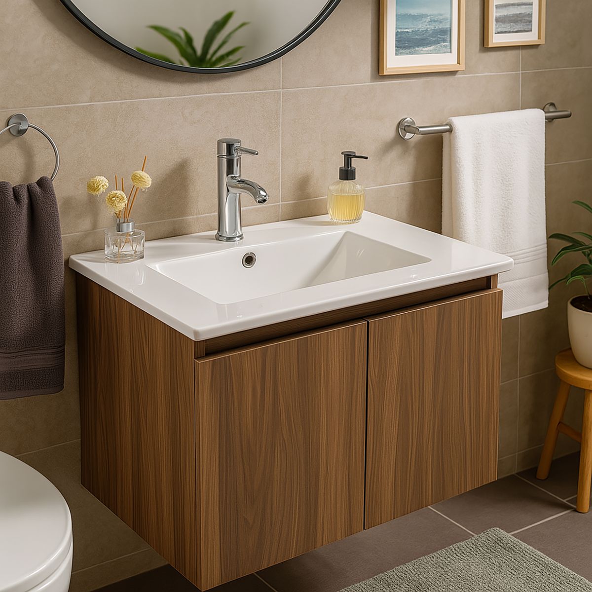 KLIPEN - Mueble con lavamanos de loza vitrificada c/rebalse 2p 60cm color choco