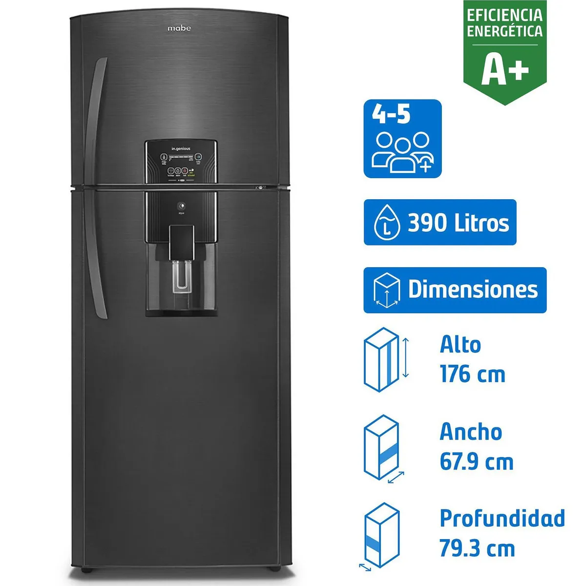 MABE - Refrigerador Top Freezer No Frost 390 Litros Black steel RMP410FZUC