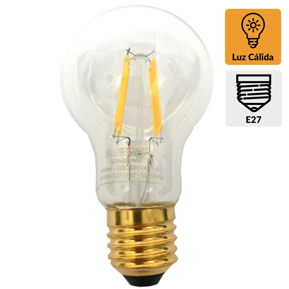 LEDZONE - Ampolleta Led Filamentos 6 W E27 600 lm Luz Cálida