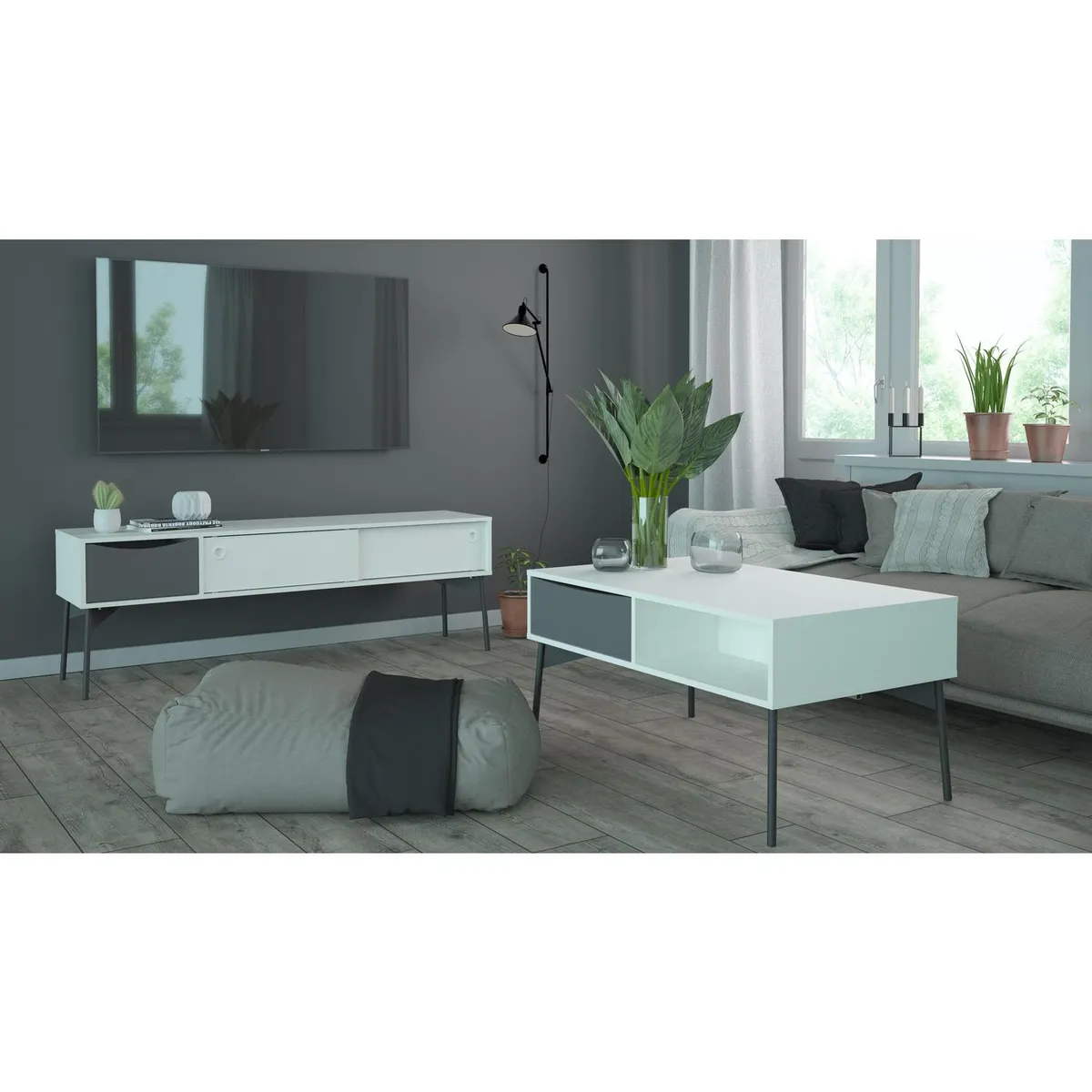 TVILUM - Rack TV blanco gris 154x39x52 cm