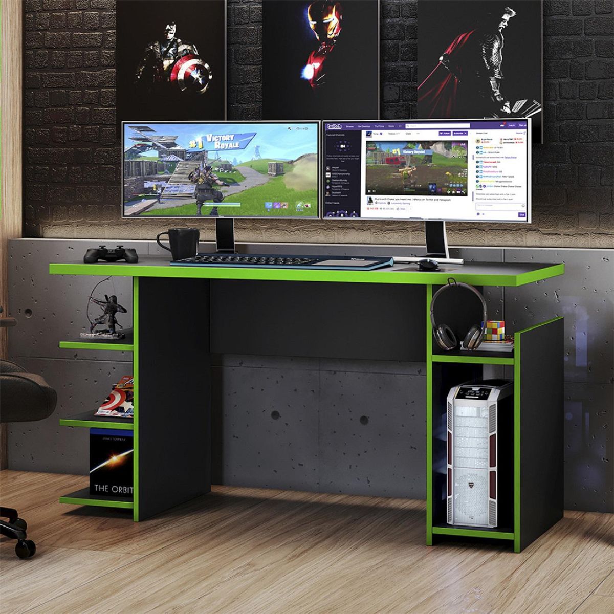 HOME MOBILI - Escritorio Gamer Negro-Verde MDP 74,5x135,6x57 cm
