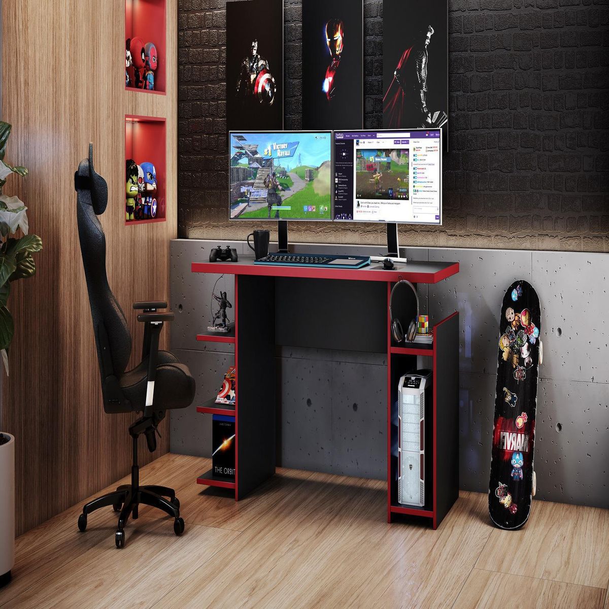 HOME MOBILI - Escritorio Gamer Negro-Rojo MDP 75x136x57 cm