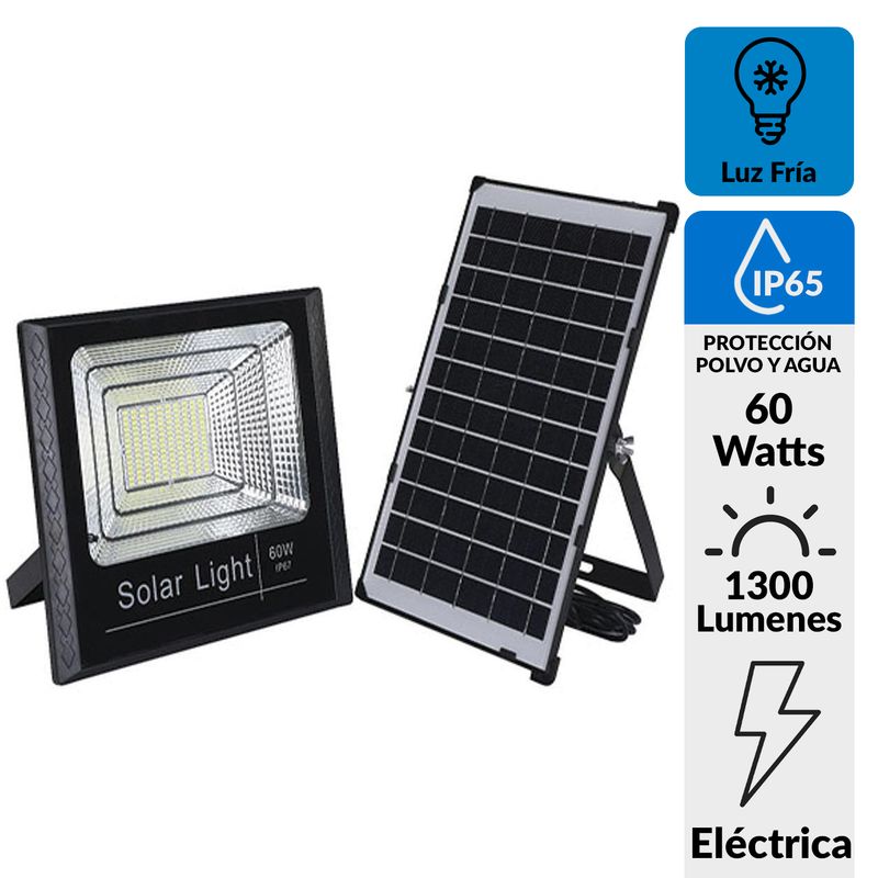 HB LEDS - Foco Proyector Led de Área con Panel Solar 60 W IP 65 1300 lm Luz Fría