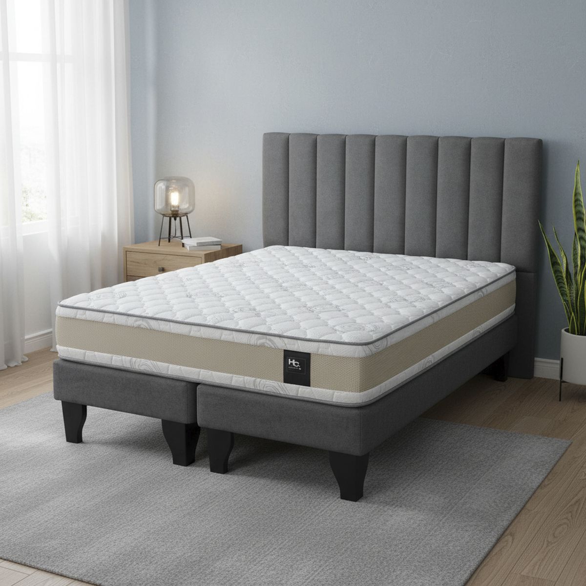 JUST HOME COLLECTION - Colchón Premium + Respaldo + Base 2,0 Plazas Gris