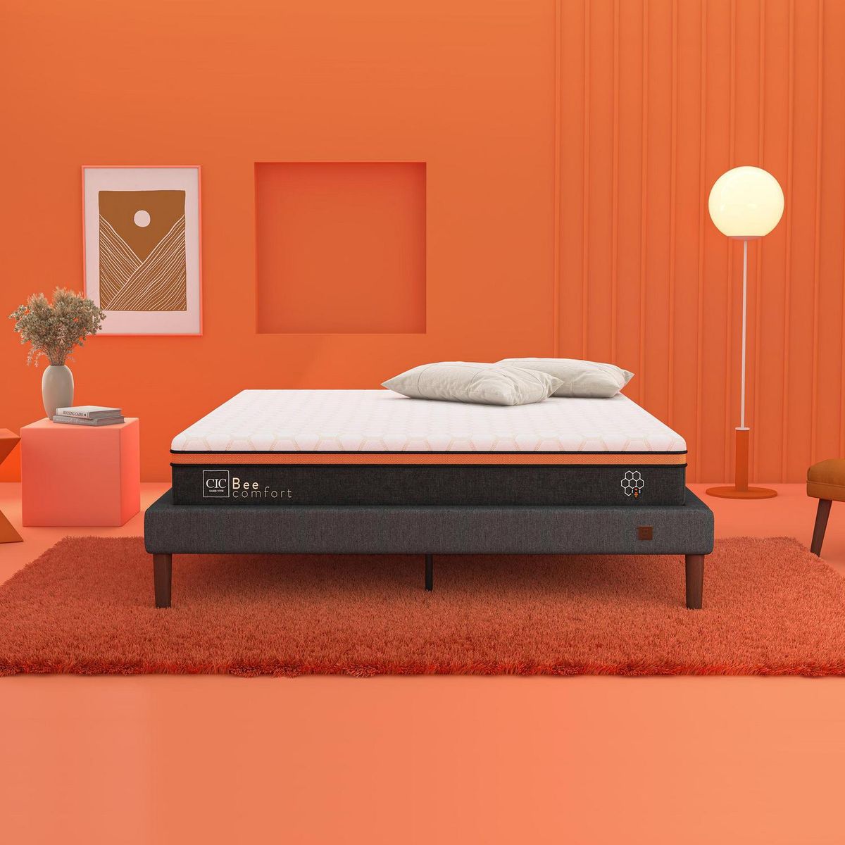 CIC - Cama 2 plazas Europea Curve Bee Comfort Blanco/gris/naranjo