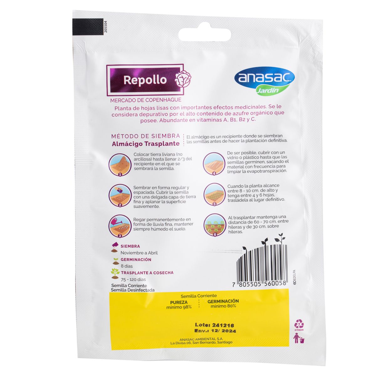 ANASAC - Semilla Hortaliza Repollo 5 gr Sachet