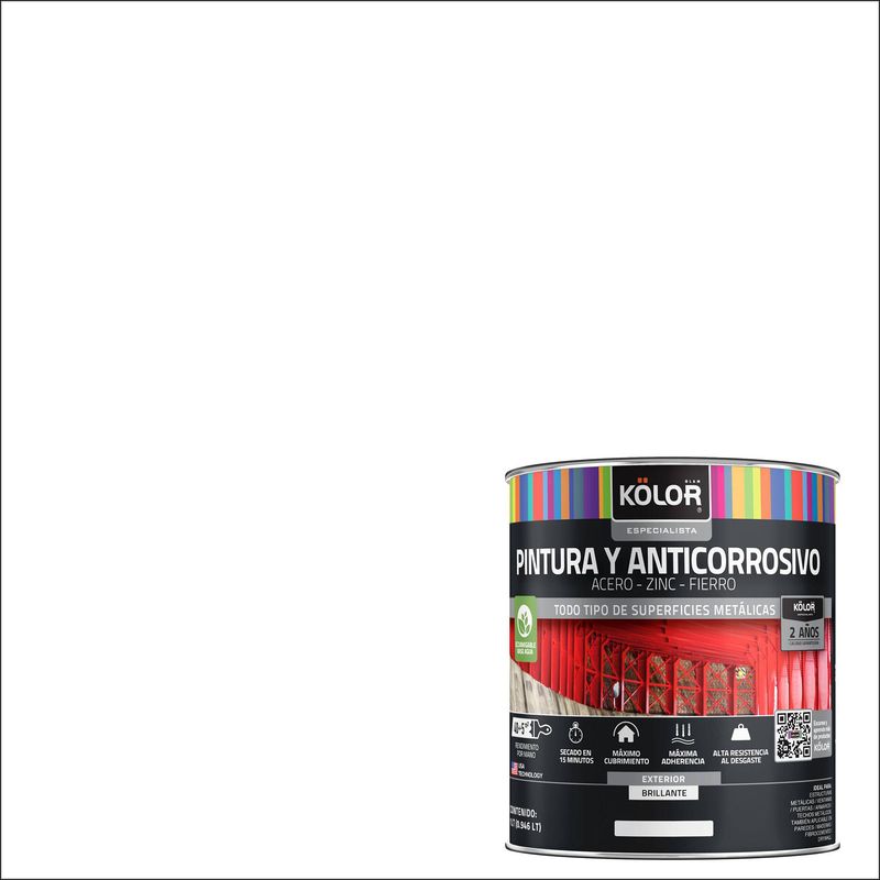 KOLOR - Pintura y anticorrosivo base agua brillante blanco 1/4GL