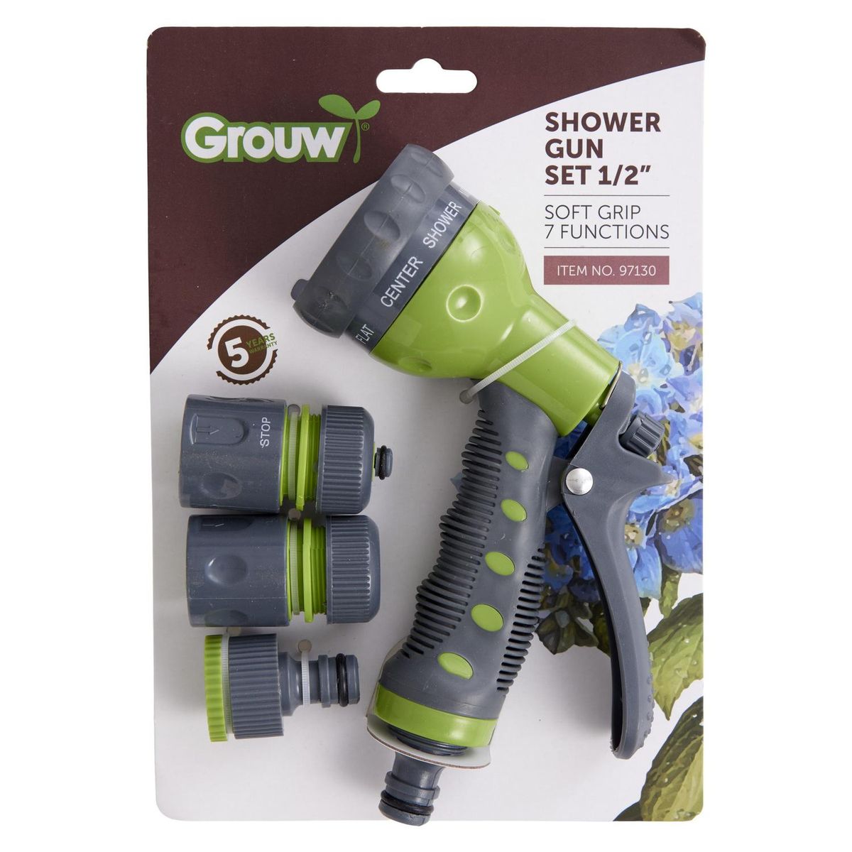 GROUW - Set Pistola Riego 1/2 7 Funciones incluye 4 piezas